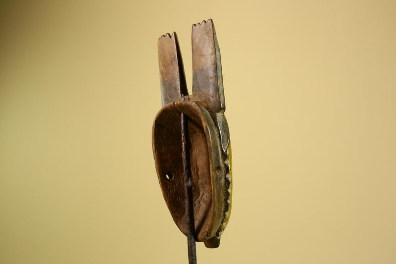 African Baule Mask Carved Wood Yellow Face Horns Côte d’Ivoire Tribal Decor-G5977