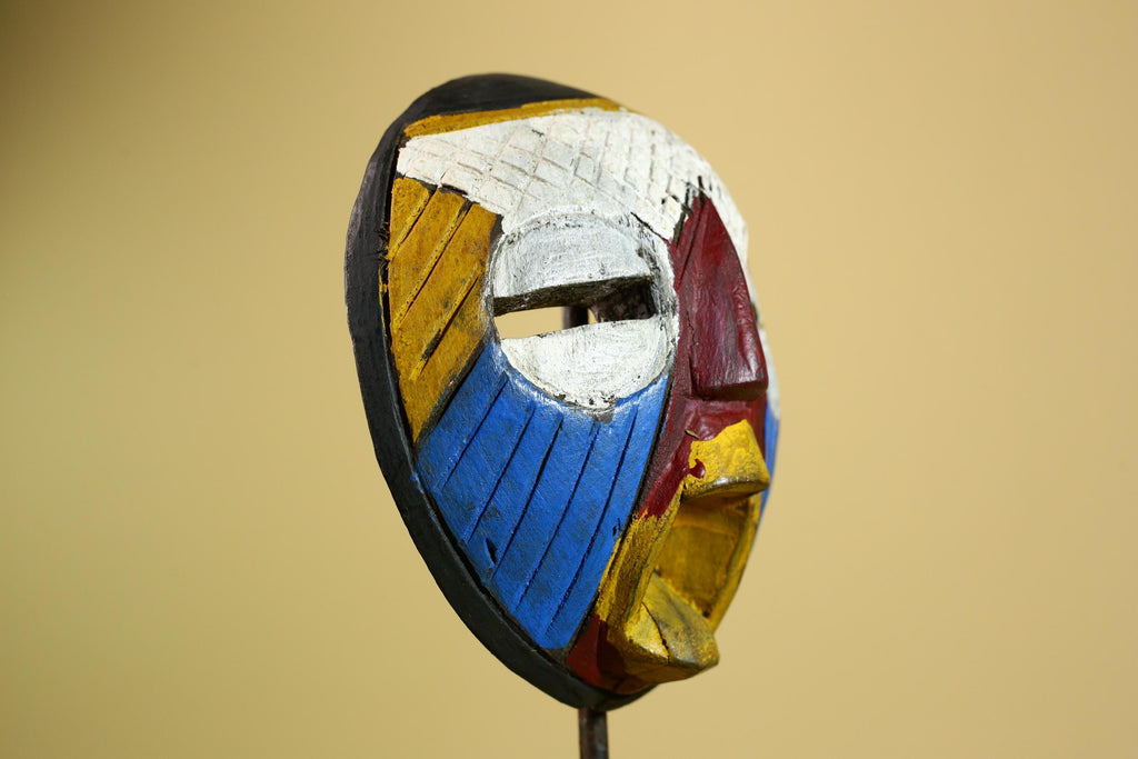 African Tribal Mask Carved Wood Multicolor Round Face Côte d’Ivoire Decor-G5978