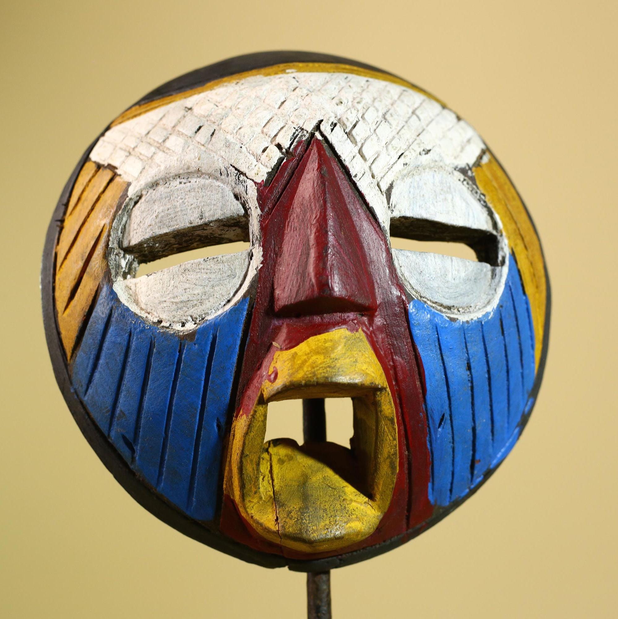 African Tribal Mask Carved Wood Multicolor Round Face Côte d’Ivoire Decor-G5978