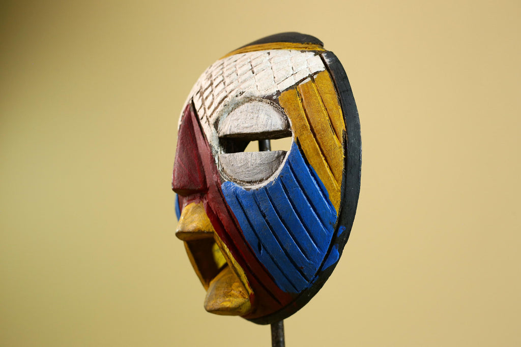 African Tribal Mask Carved Wood Multicolor Round Face Côte d’Ivoire Decor-G5978