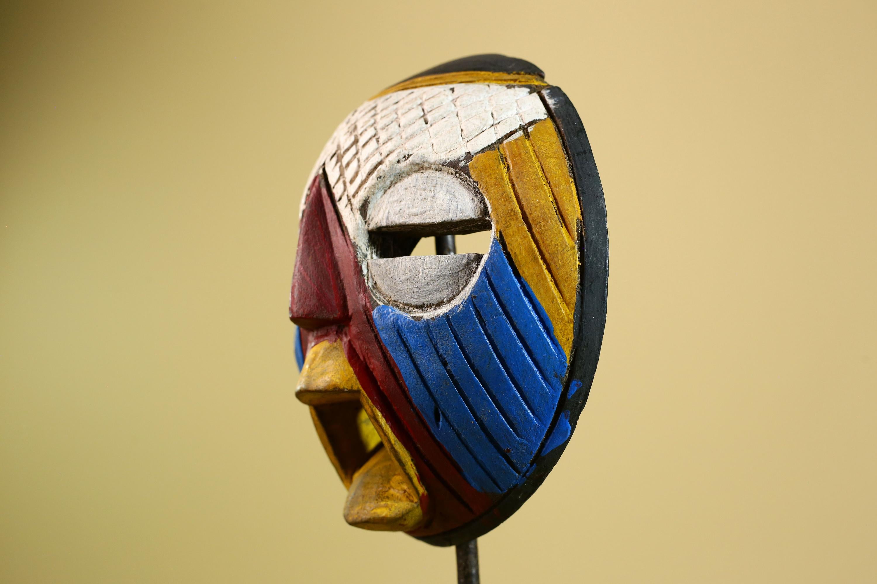 African Tribal Mask Carved Wood Multicolor Round Face Côte d’Ivoire Decor-G5978