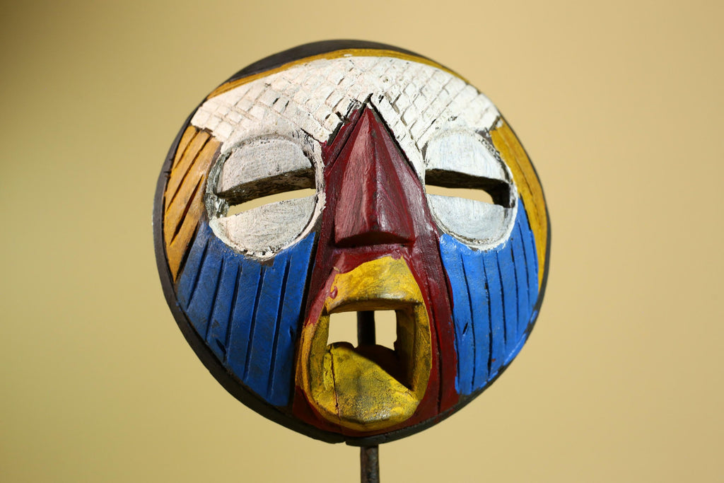 African Tribal Mask Carved Wood Multicolor Round Face Côte d’Ivoire Decor-G5978