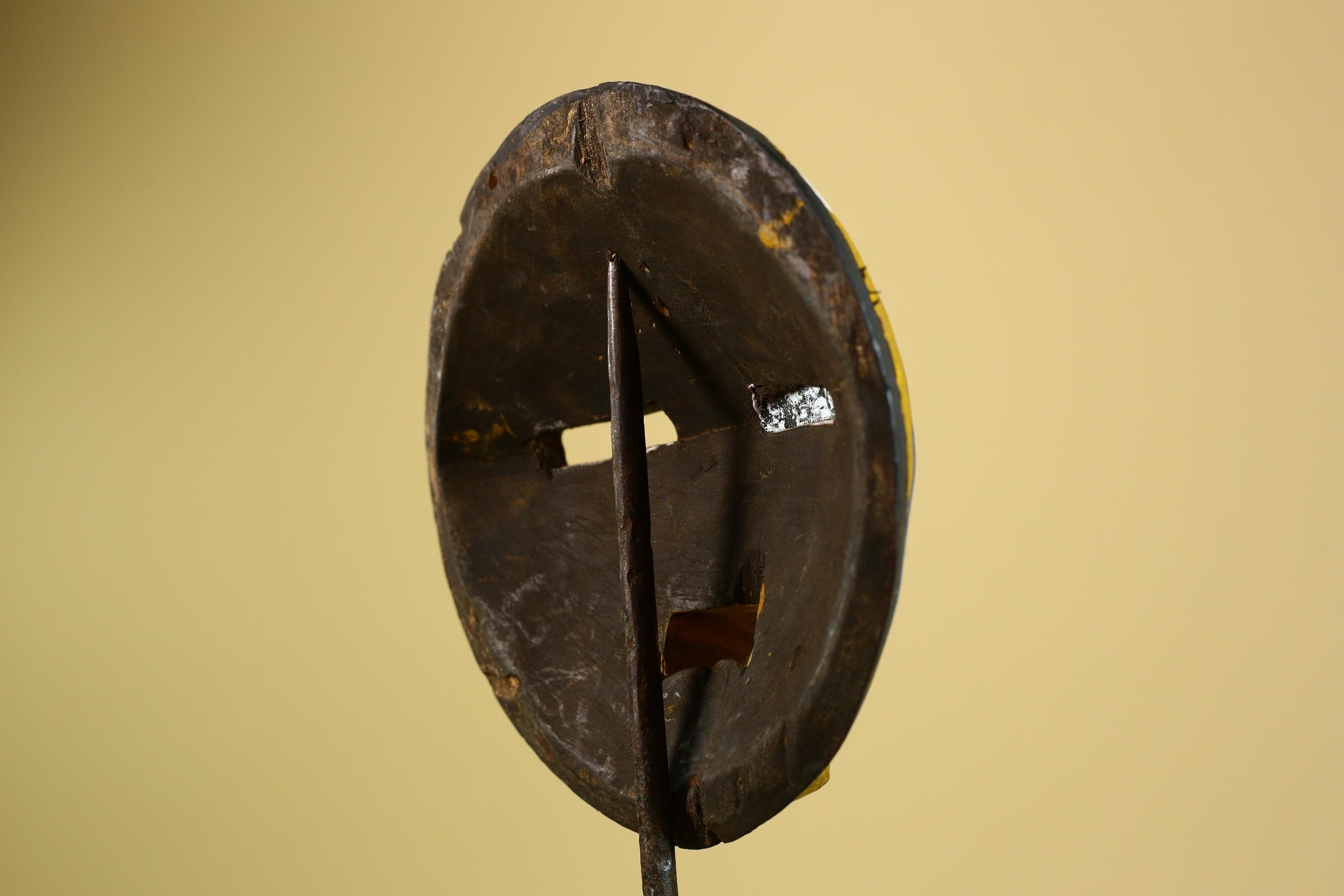 African Tribal Mask Carved Wood Multicolor Round Face Côte d’Ivoire Decor-G5978