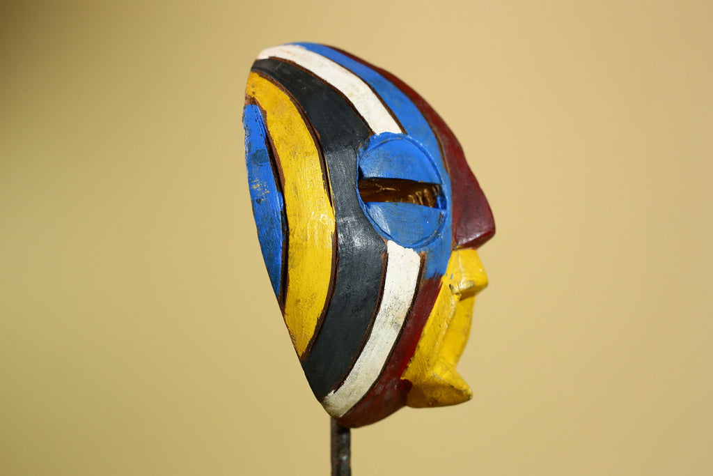 Tribal African Mask Multicolor Wood Striped Round Face Art from Côte d’Ivoire-G5979