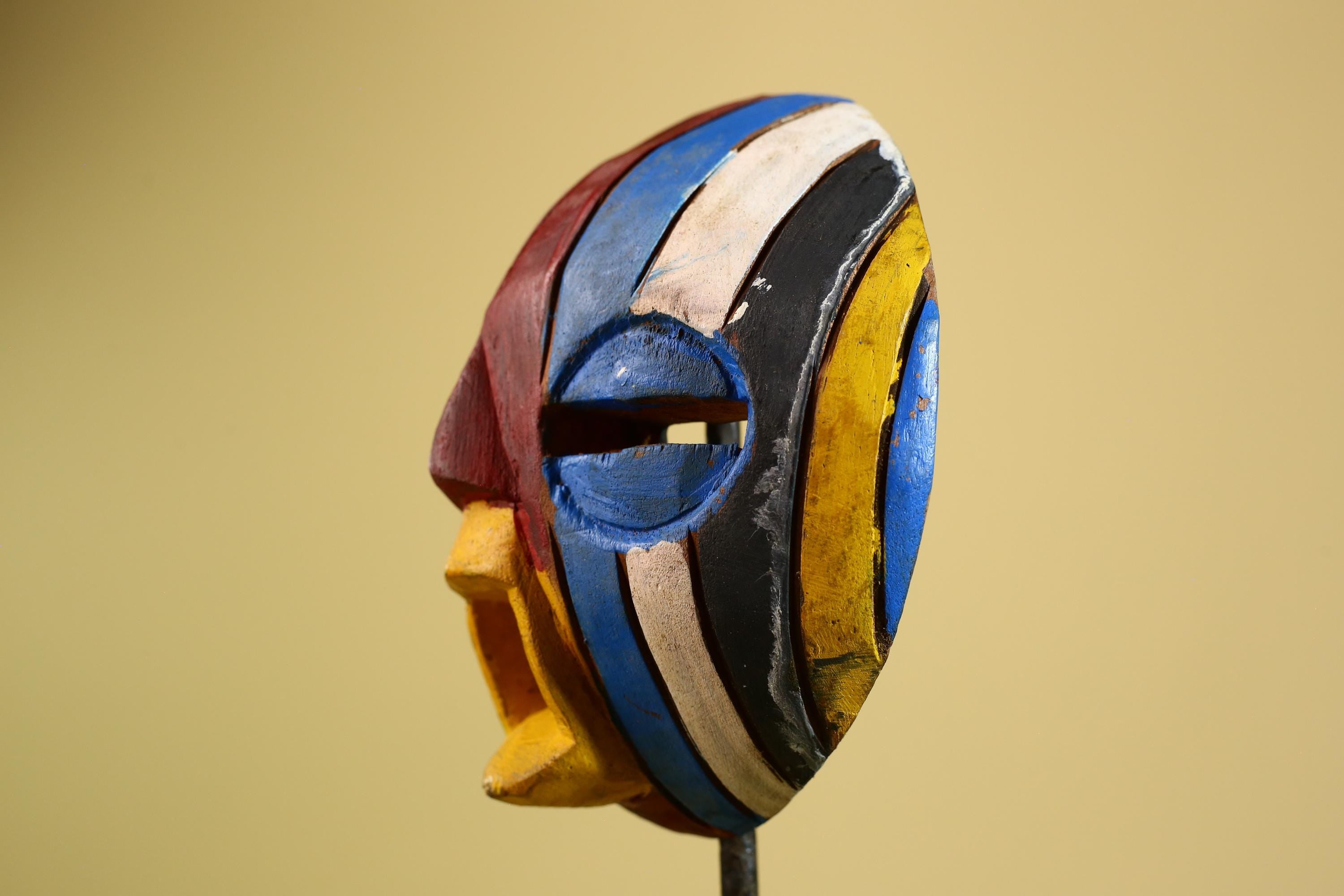 Tribal African Mask Multicolor Wood Striped Round Face Art from Côte d’Ivoire-G5979