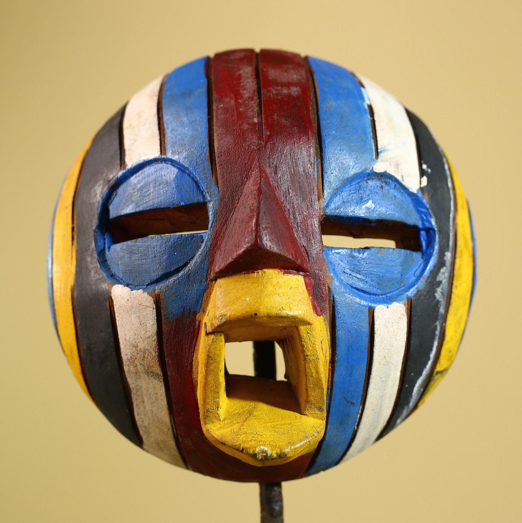 Tribal African Mask Multicolor Wood Striped Round Face Art from Côte d’Ivoire-G5979