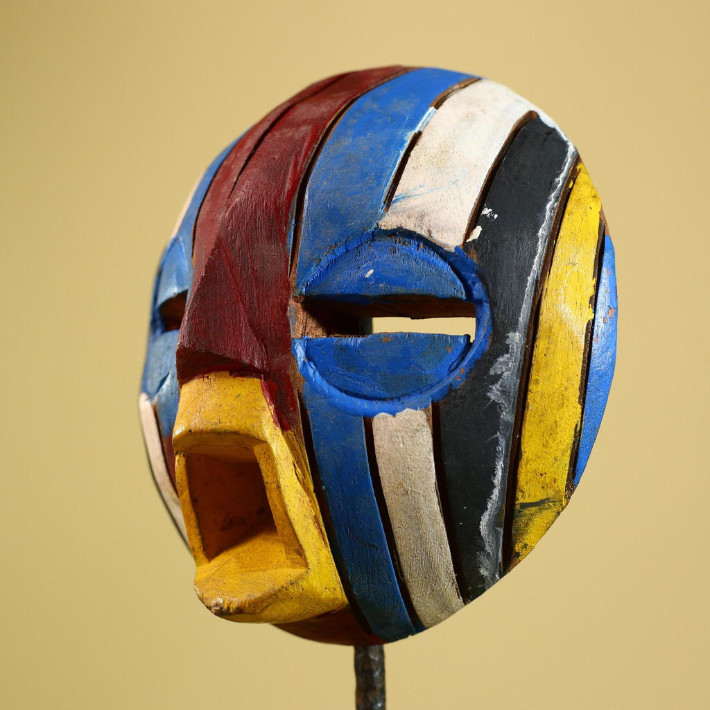 Tribal African Mask Multicolor Wood Striped Round Face Art from Côte d’Ivoire-G5979