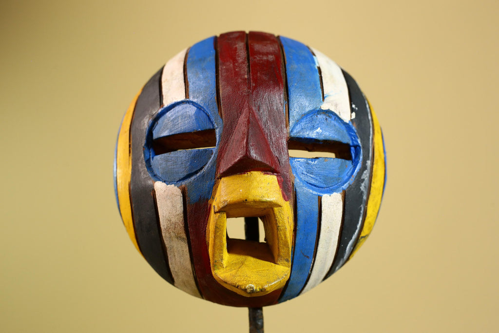 Tribal African Mask Multicolor Wood Striped Round Face Art from Côte d’Ivoire-G5979
