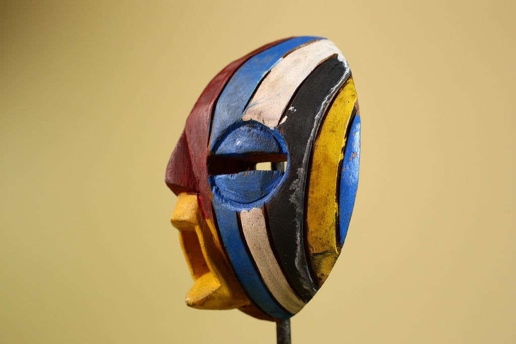 Tribal African Mask Multicolor Wood Striped Round Face Art from Côte d’Ivoire-G5979