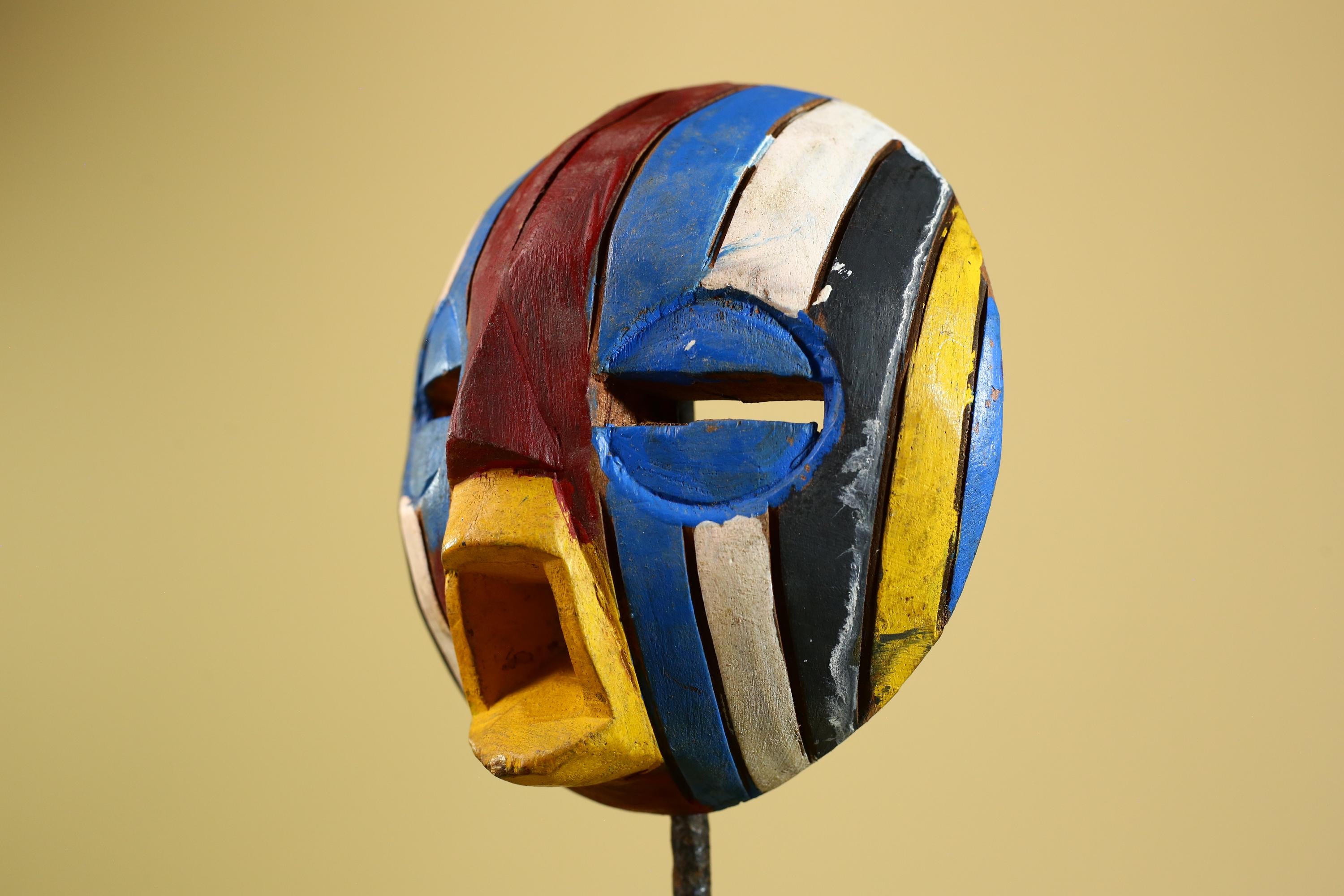 Tribal African Mask Multicolor Wood Striped Round Face Art from Côte d’Ivoire-G5979