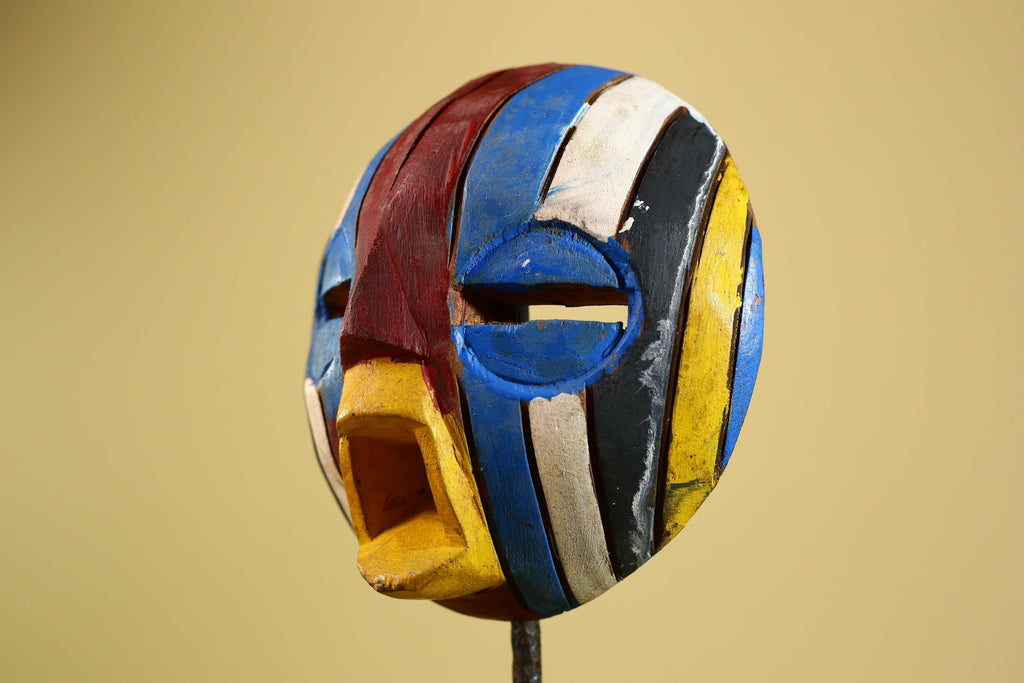 Tribal African Mask Multicolor Wood Striped Round Face Art from Côte d’Ivoire-G5979