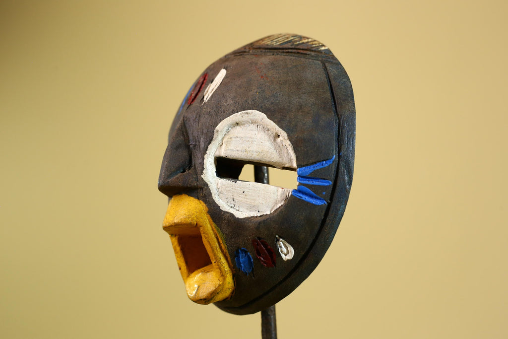 Tribal African Mask Painted Dark Wood Round Face from Côte d’Ivoire Decor-G5980