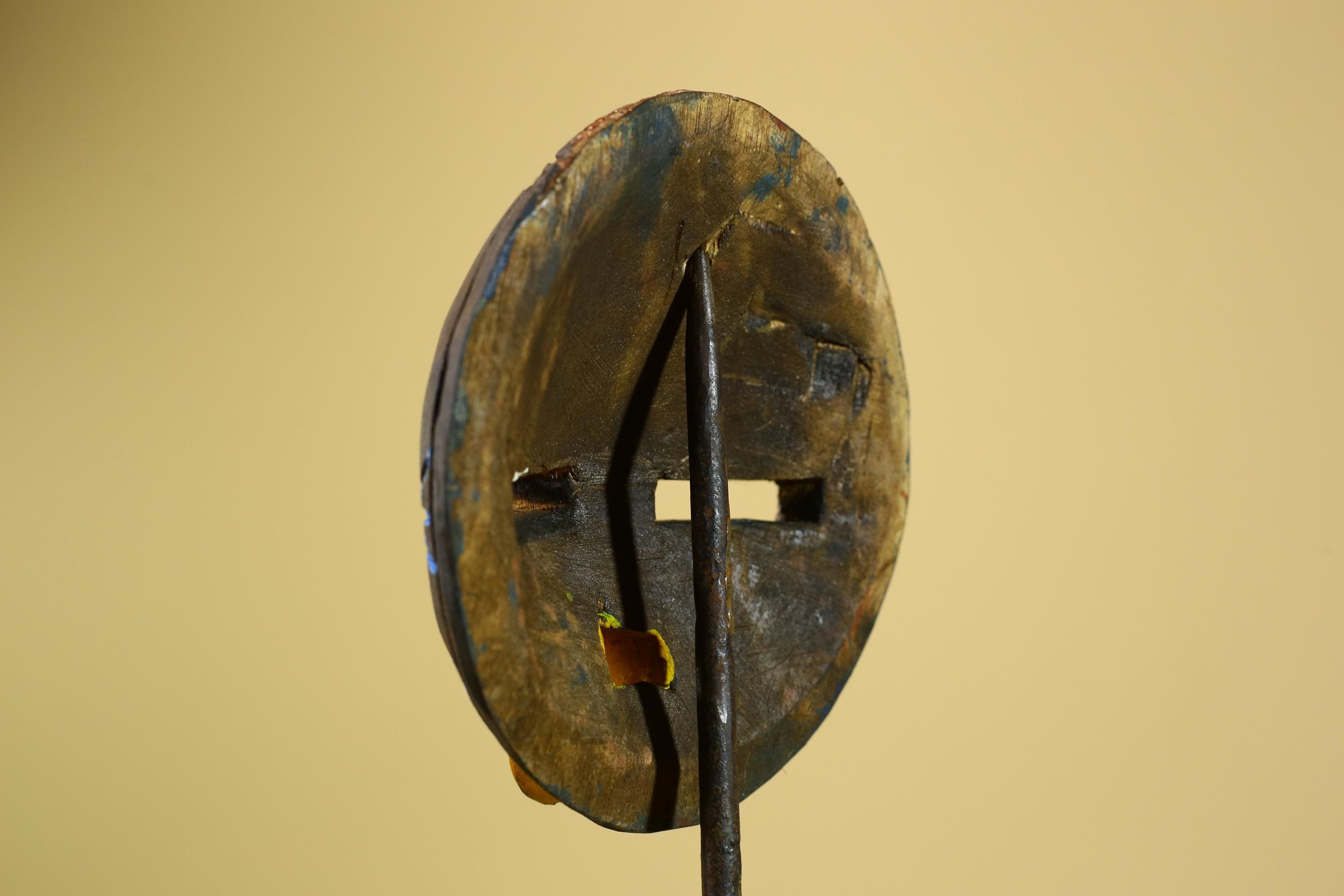 Tribal African Mask Painted Dark Wood Round Face from Côte d’Ivoire Decor-G5980