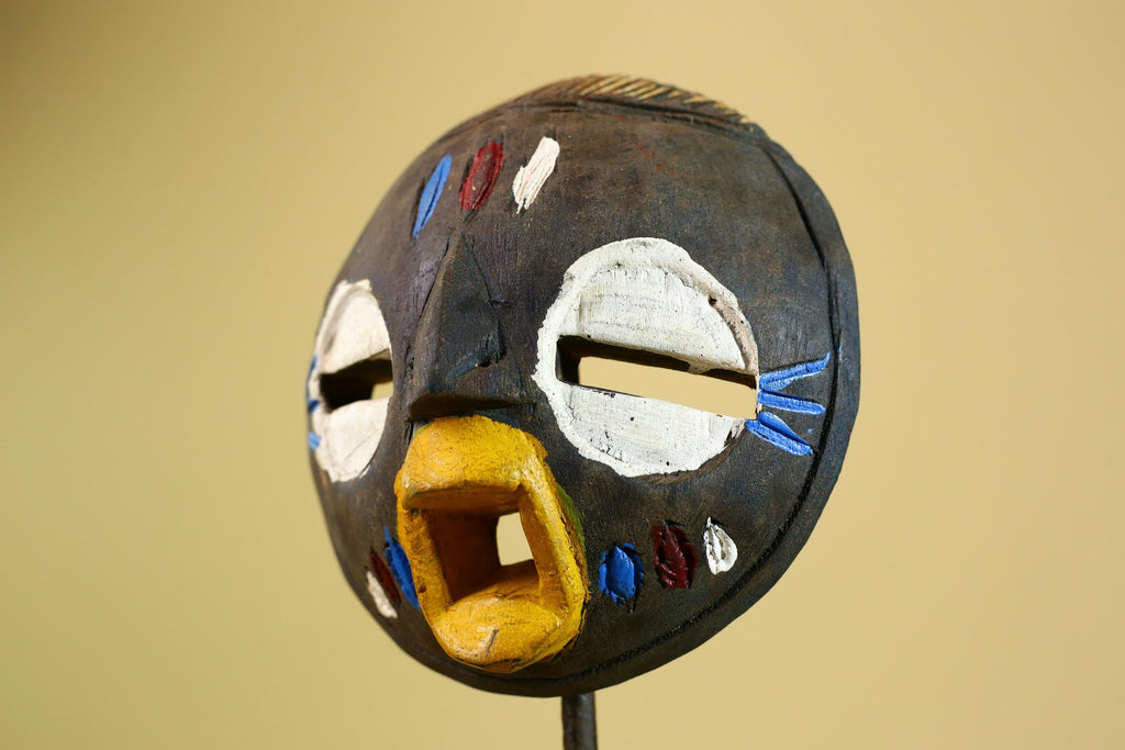 Tribal African Mask Painted Dark Wood Round Face from Côte d’Ivoire Decor-G5980