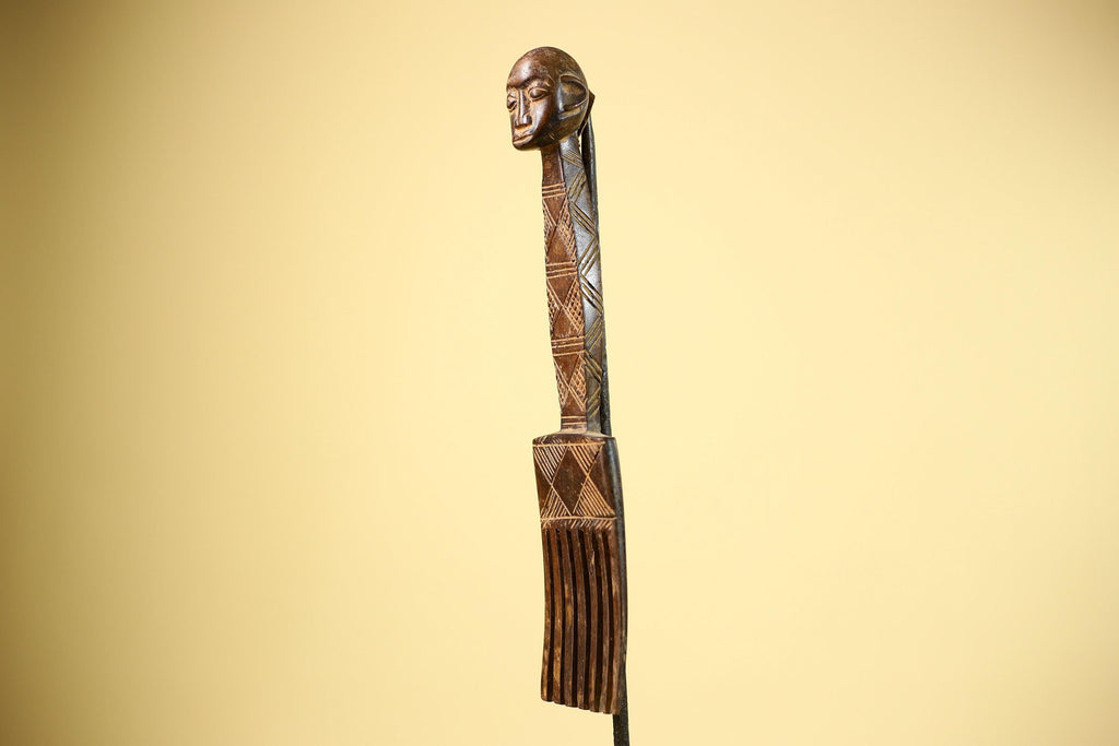African Carved Wood Statue Comb Geometric Pattern West Africa Tribal Decor-G5894