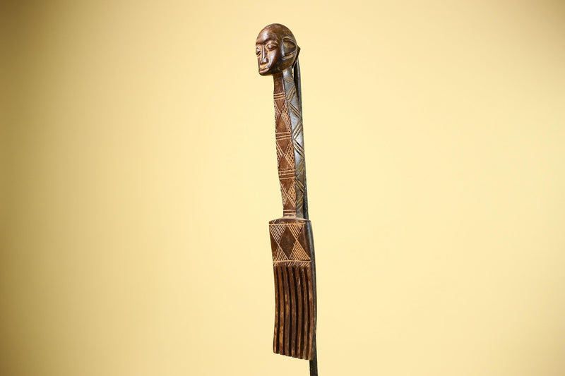 African Carved Wood Statue Comb Geometric Pattern West Africa Tribal Decor-G5894