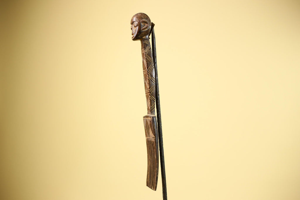 African Carved Wood Statue Comb Geometric Pattern West Africa Tribal Decor-G5894