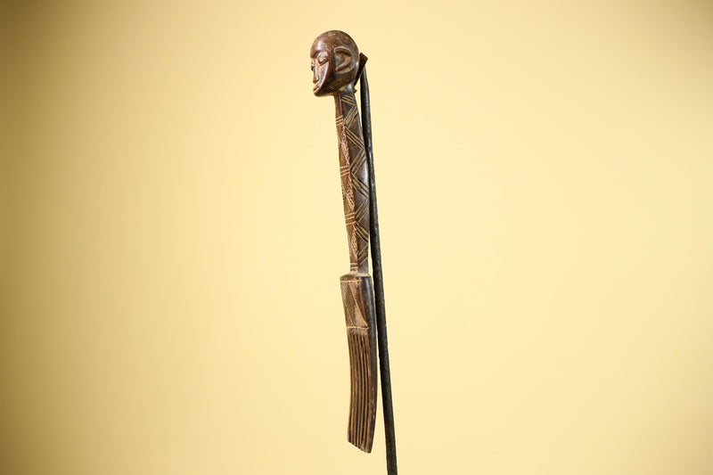 African Carved Wood Statue Comb Geometric Pattern West Africa Tribal Decor-G5894