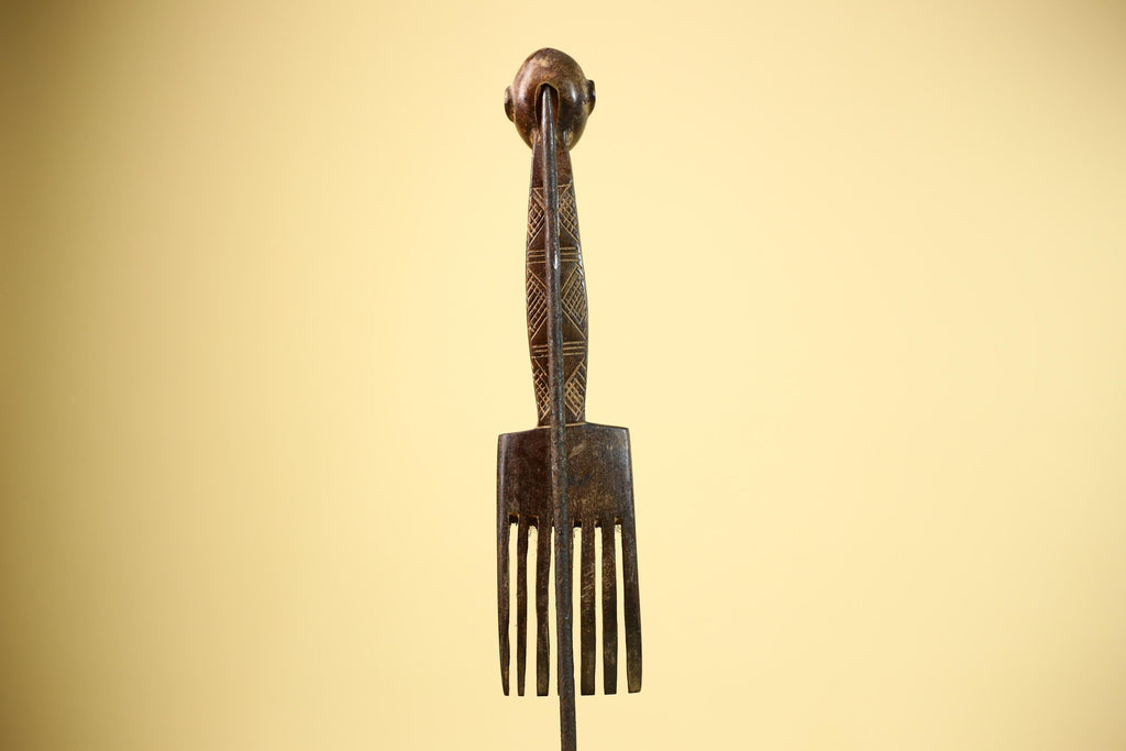 African Carved Wood Statue Comb Geometric Pattern West Africa Tribal Decor-G5894
