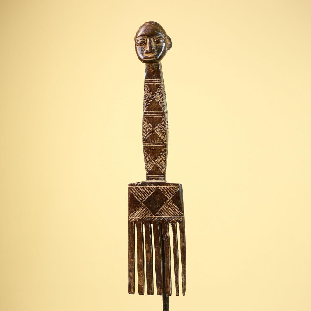 African Carved Wood Statue Comb Geometric Pattern West Africa Tribal Decor-G5894