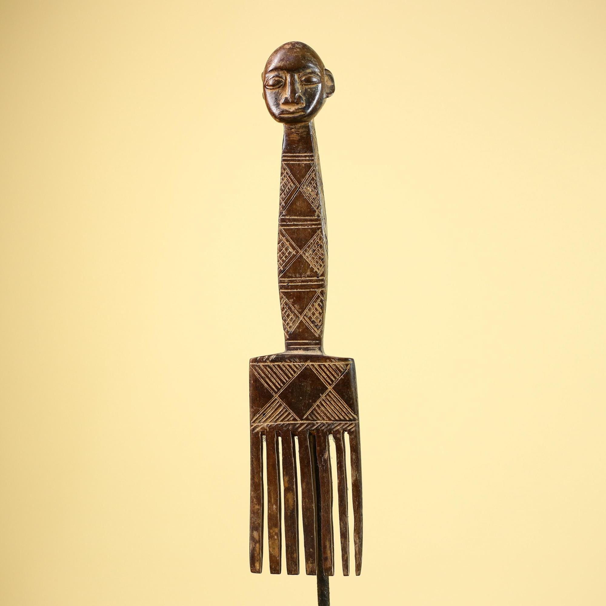 African Carved Wood Statue Comb Geometric Pattern West Africa Tribal Decor-G5894