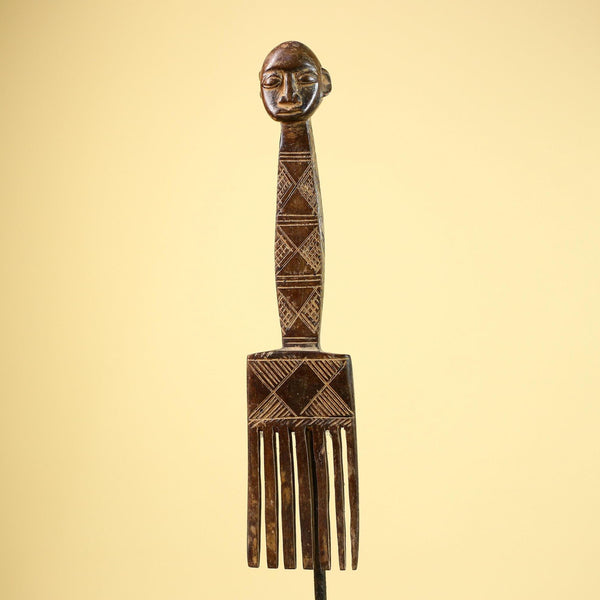 African Carved Wood Statue Comb Geometric Pattern West Africa Tribal Decor-G5894