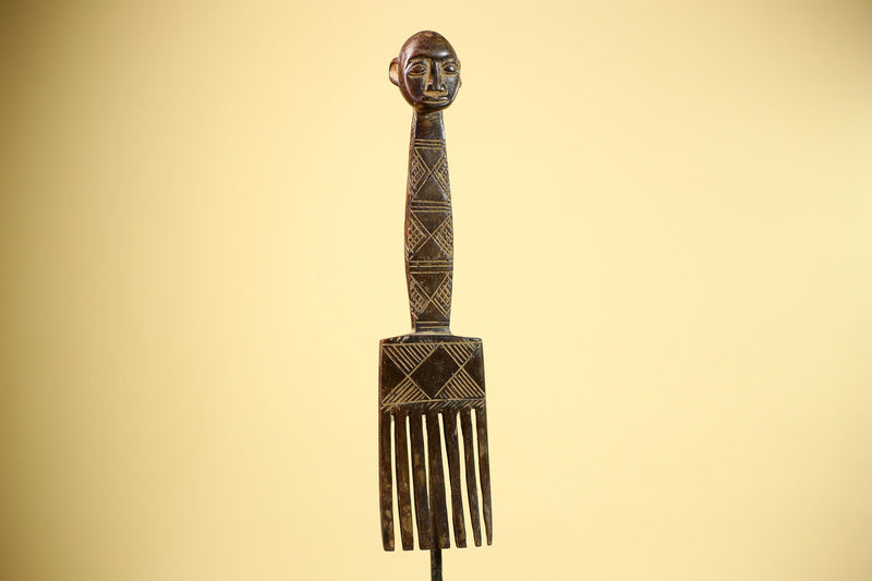 African Carved Wood Statue Comb Geometric Pattern West Africa Tribal Decor-G5894