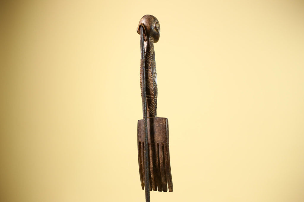 African Carved Wood Statue Comb Geometric Pattern West Africa Tribal Decor-G5894