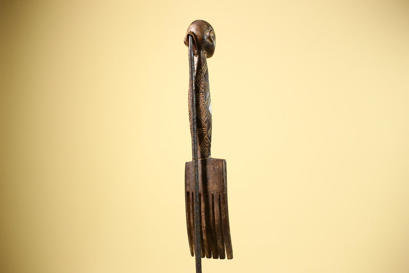 African Carved Wood Statue Comb Geometric Pattern West Africa Tribal Decor-G5894
