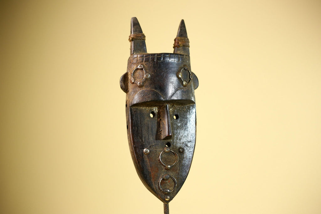 African Tribal Mask Carved Wood Horned Crest Côte d’Ivoire Wall Decor-G5895