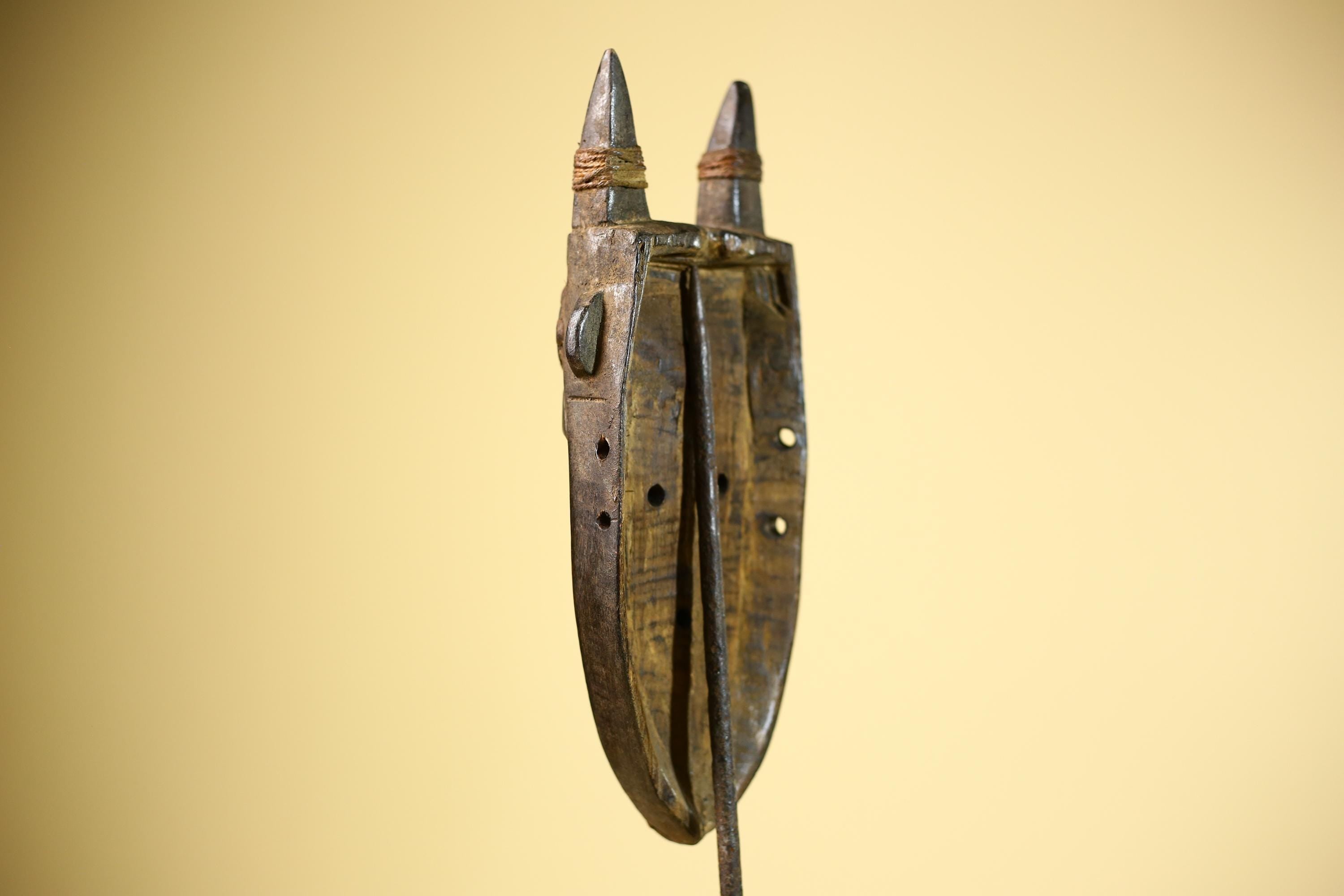 African Tribal Mask Carved Wood Horned Crest Côte d’Ivoire Wall Decor-G5895