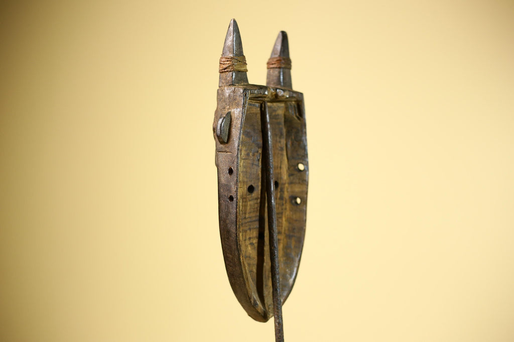 African Tribal Mask Carved Wood Horned Crest Côte d’Ivoire Wall Decor-G5895