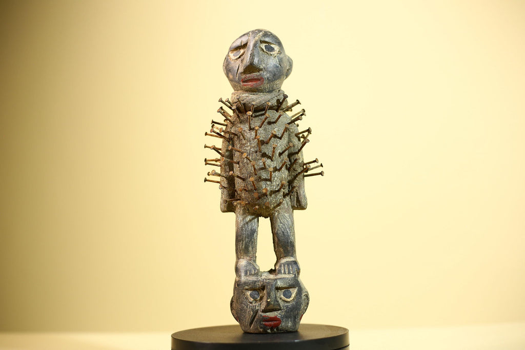 African Nail Fetish Statue Carved Wood Ritual Figure Congo Tribal Art Decot-G5897