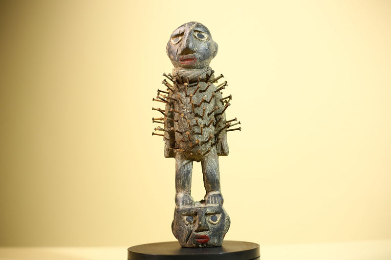 African Nail Fetish Statue Carved Wood Ritual Figure Congo Tribal Art Decot-G5897