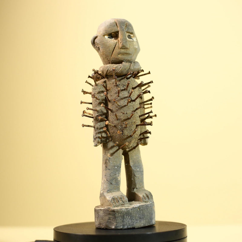 African Nail Figure Statue Carved Wood Ritual Fetish Congo Tribal Art-G5899