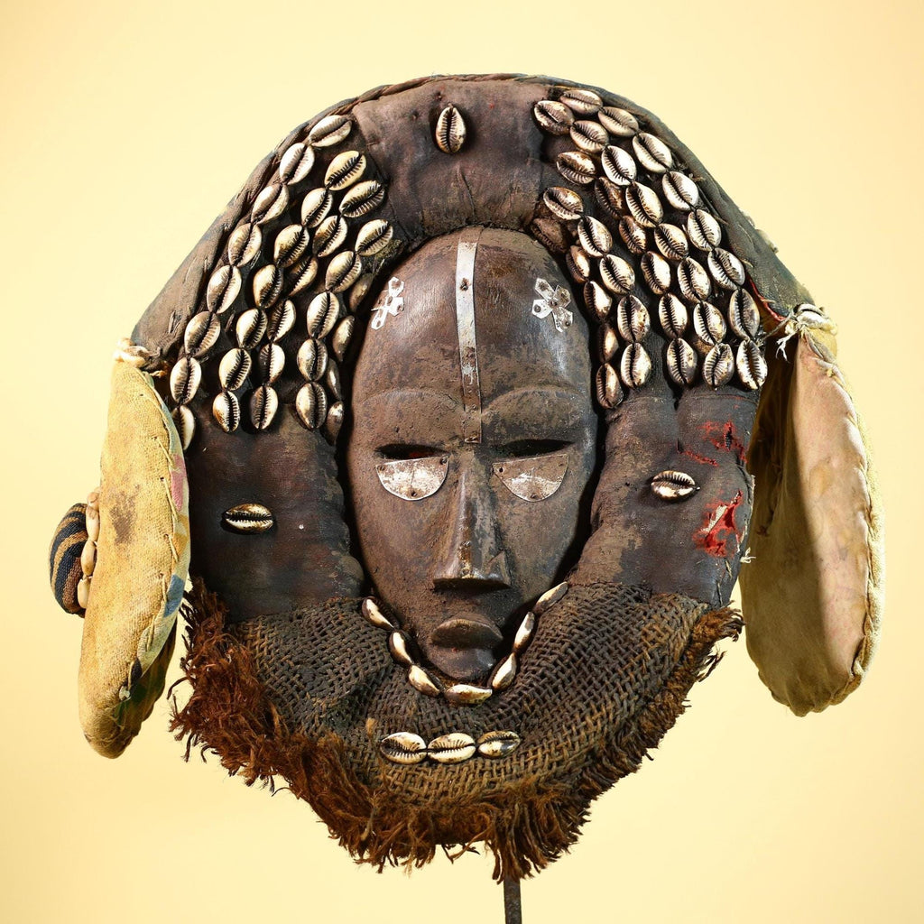 African Mask Cowrie Shell Fabric Wood Cameroon Ritual Art Tribal Decor-G5985
