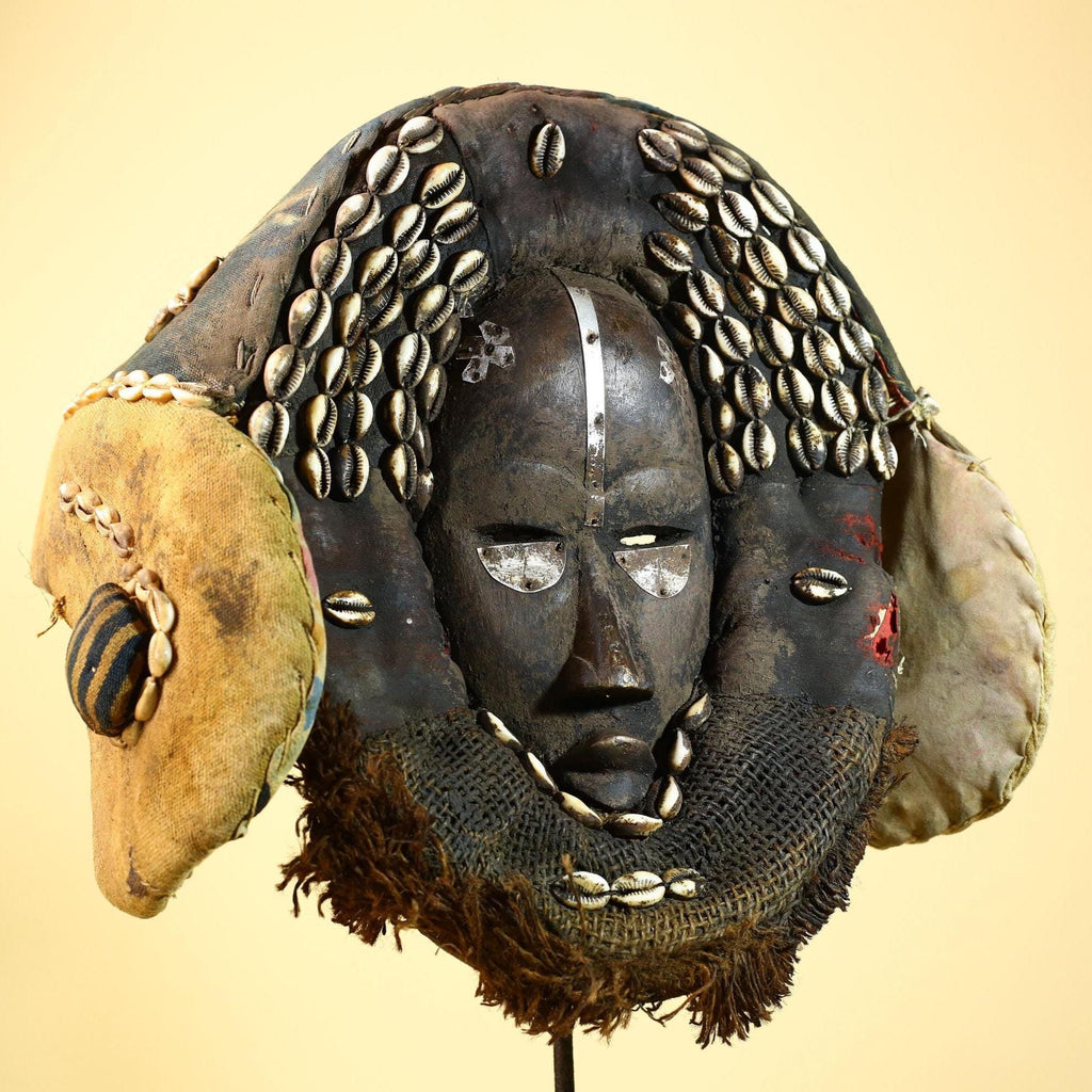 African Mask Cowrie Shell Fabric Wood Cameroon Ritual Art Tribal Decor-G5985