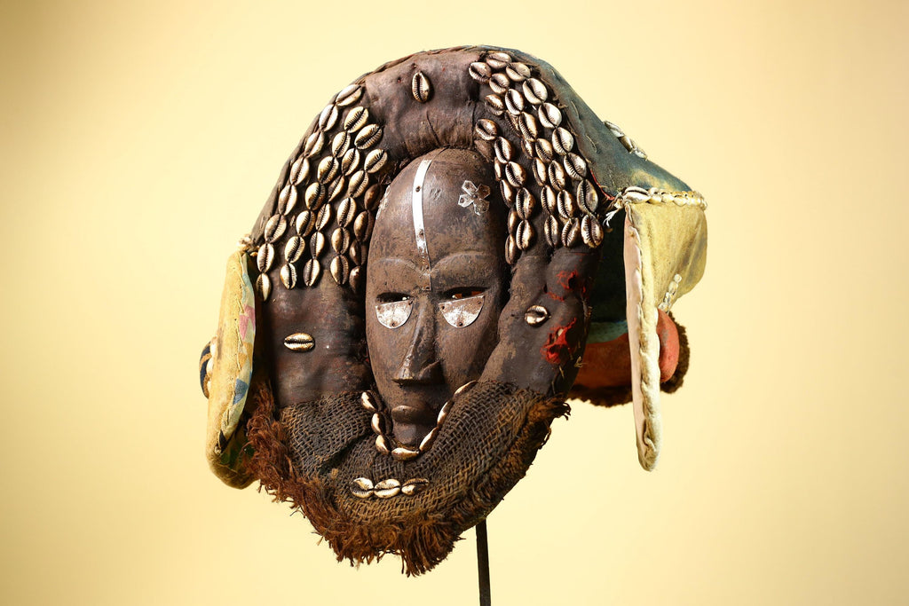 African Mask Cowrie Shell Fabric Wood Cameroon Ritual Art Tribal Decor-G5985