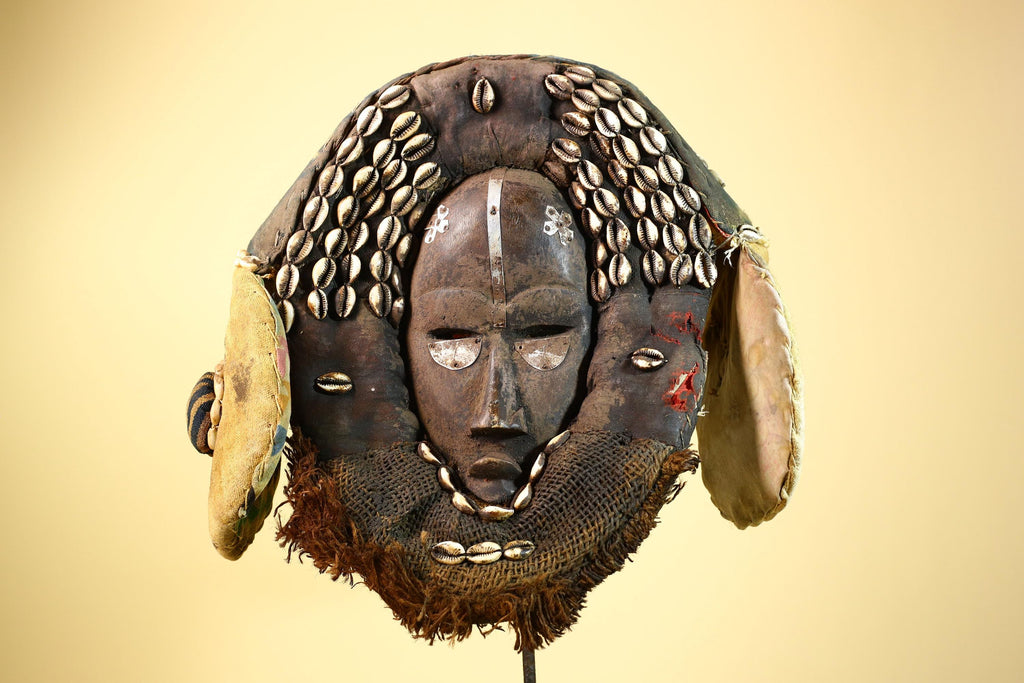 African Mask Cowrie Shell Fabric Wood Cameroon Ritual Art Tribal Decor-G5985