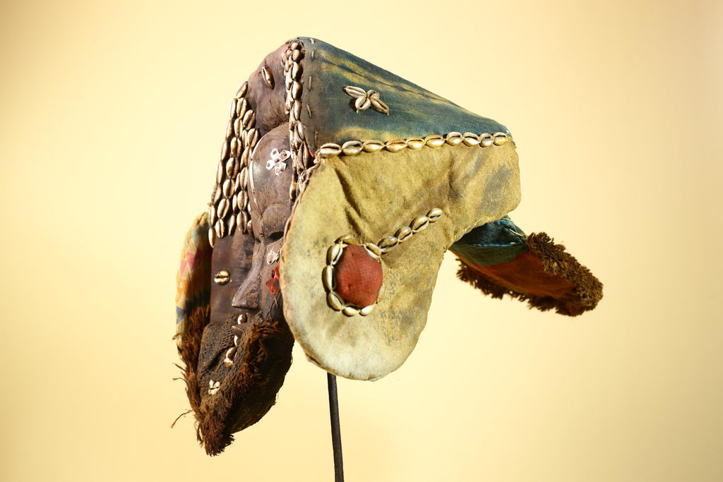 African Mask Cowrie Shell Fabric Wood Cameroon Ritual Art Tribal Decor-G5985
