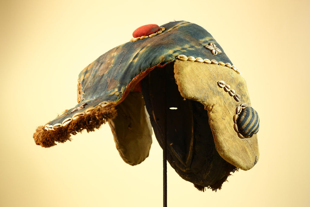 African Mask Cowrie Shell Fabric Wood Cameroon Ritual Art Tribal Decor-G5985