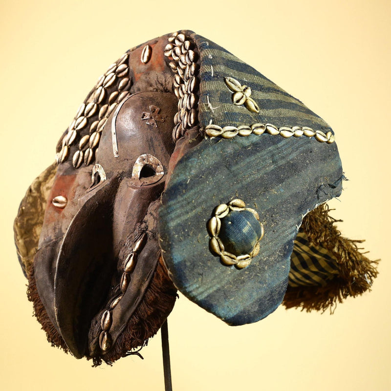 African Dan Mask Carved Wood Bird Beak Cowrie Trim Côte d’Ivoire Decor-G5987