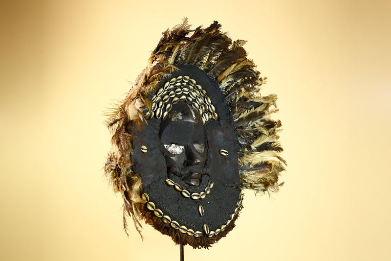 African Baule Mask Cowrie Feather Wood Carved Tribal Art Côte d’Ivoire Decor-G5988