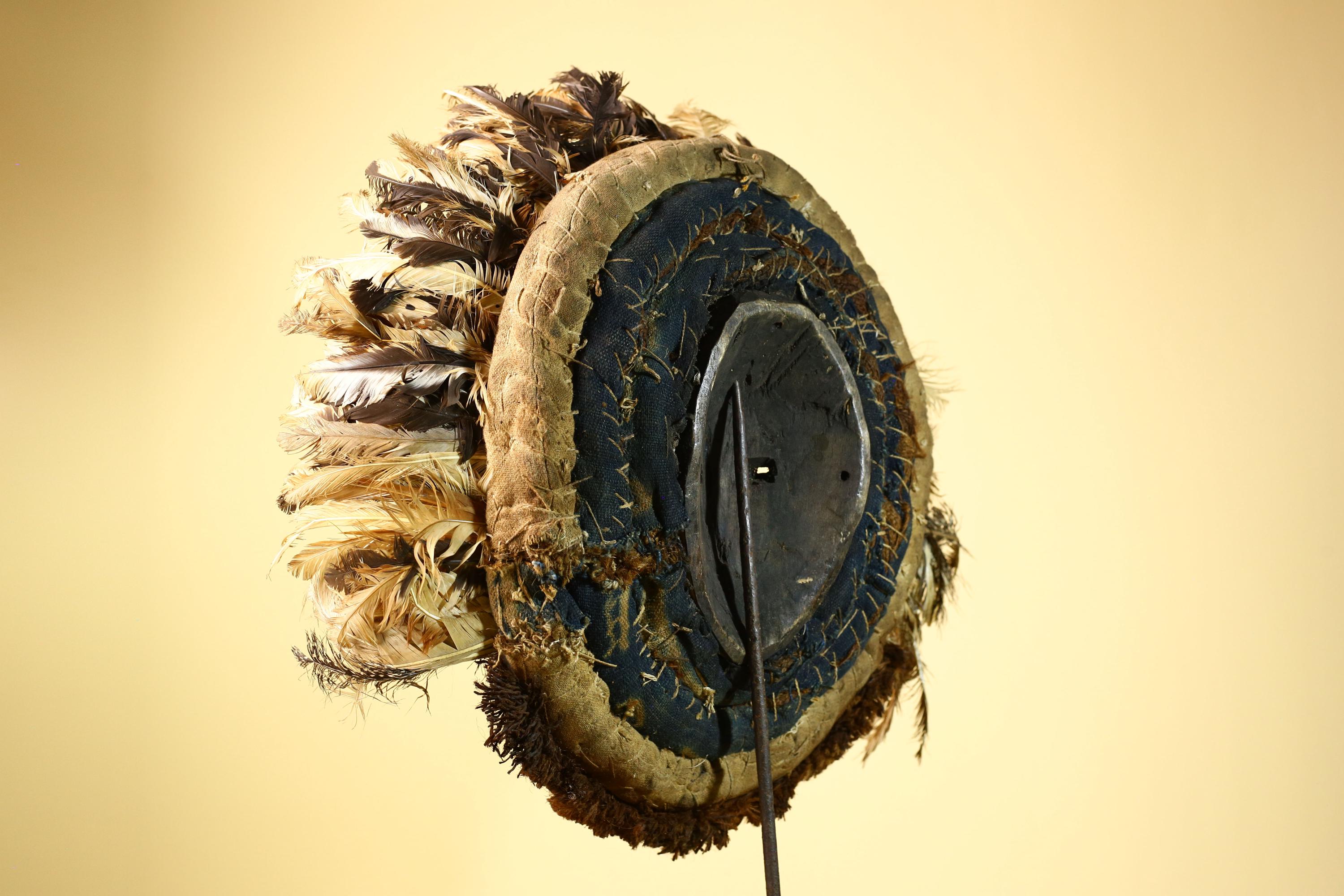 African Baule Mask Cowrie Feather Wood Carved Tribal Art Côte d’Ivoire Decor-G5988