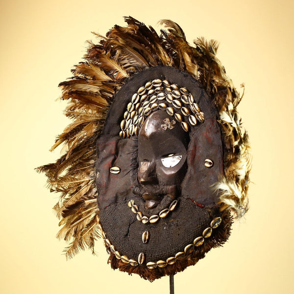 African Baule Mask Cowrie Feather Wood Carved Tribal Art Côte d’Ivoire Decor-G5988