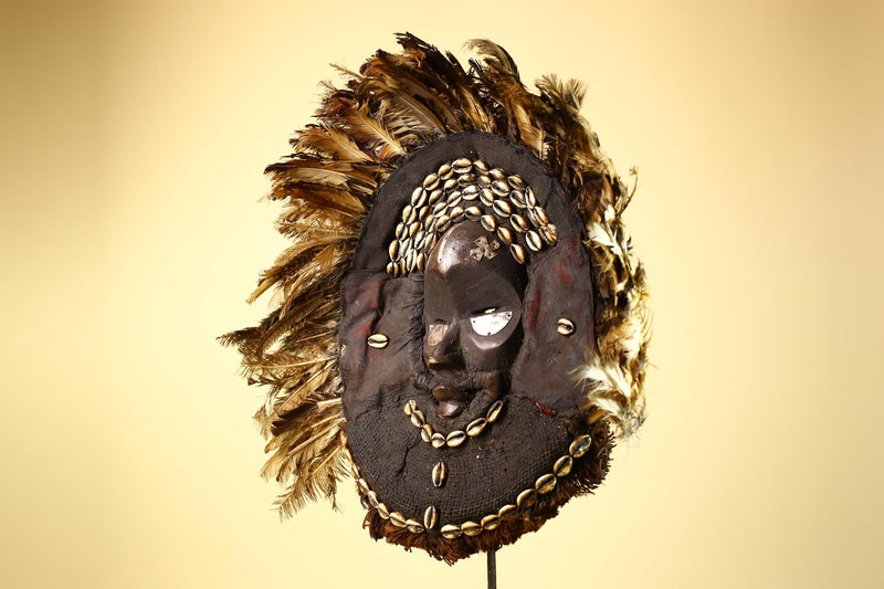 African Baule Mask Cowrie Feather Wood Carved Tribal Art Côte d’Ivoire Decor-G5988