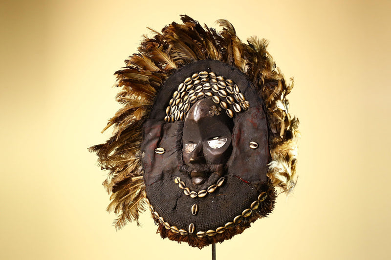 African Baule Mask Cowrie Feather Wood Carved Tribal Art Côte d’Ivoire Decor-G5988