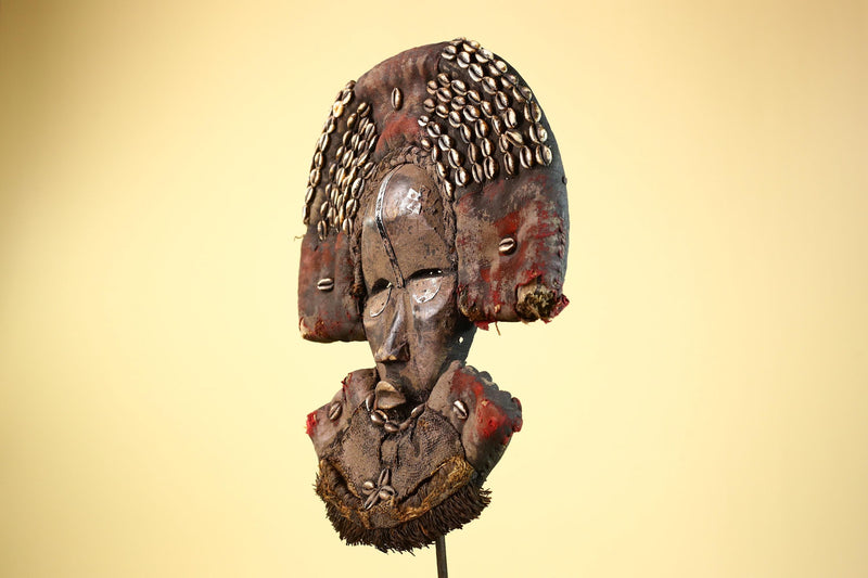 Dan Tribal Mask Cowrie Shell Cloth Wood African Ceremony Art Liberia-G5990