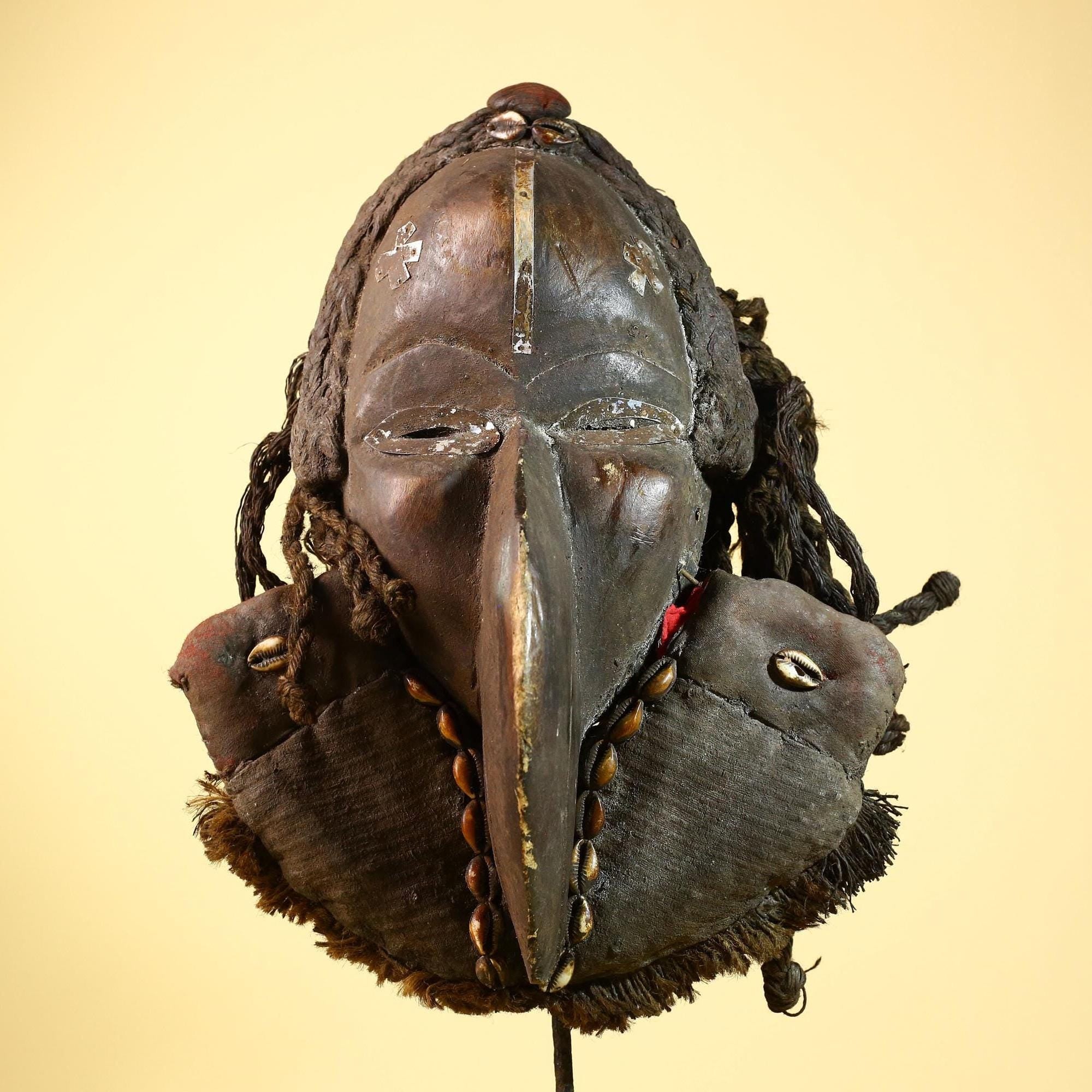 African Dan Mask Cowrie Shell Tribal Wood Cloth Art Liberia Vintage Decor-G5991