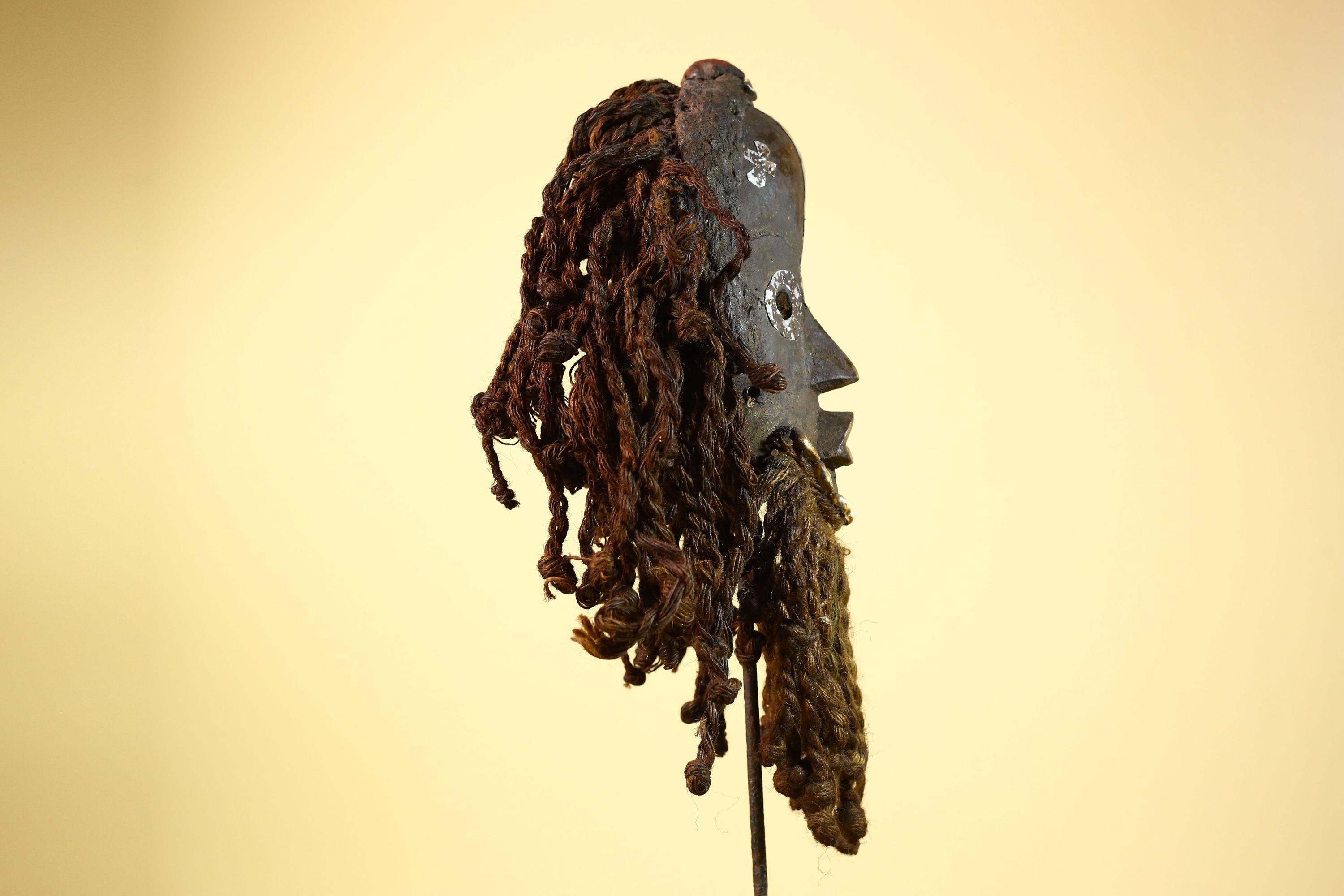 African Dan Gio Mask Wood Metal Inlay Fiber Hair Cowrie Tribal Liberia Art-G5992